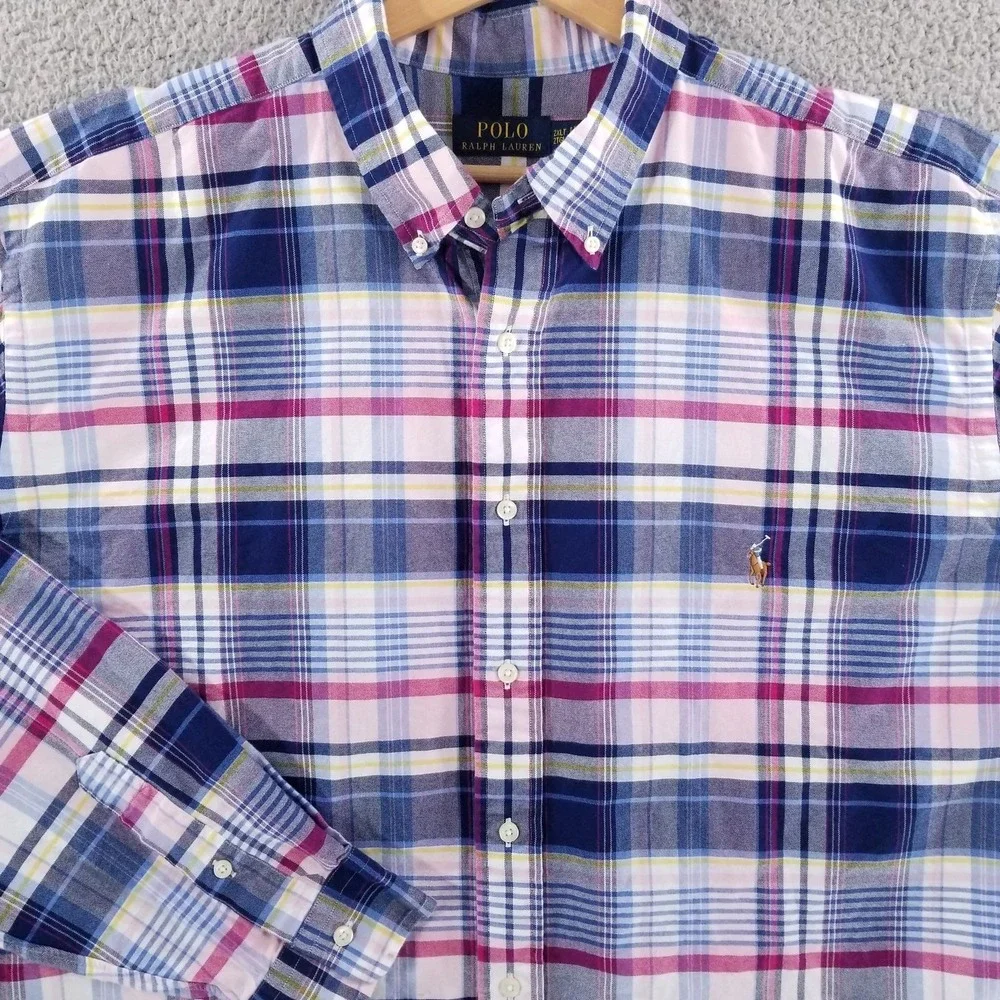 Polo Ralph Lauren Shirt Mens 2XLT Blue Plaid Button Down Oxford Dress Casual